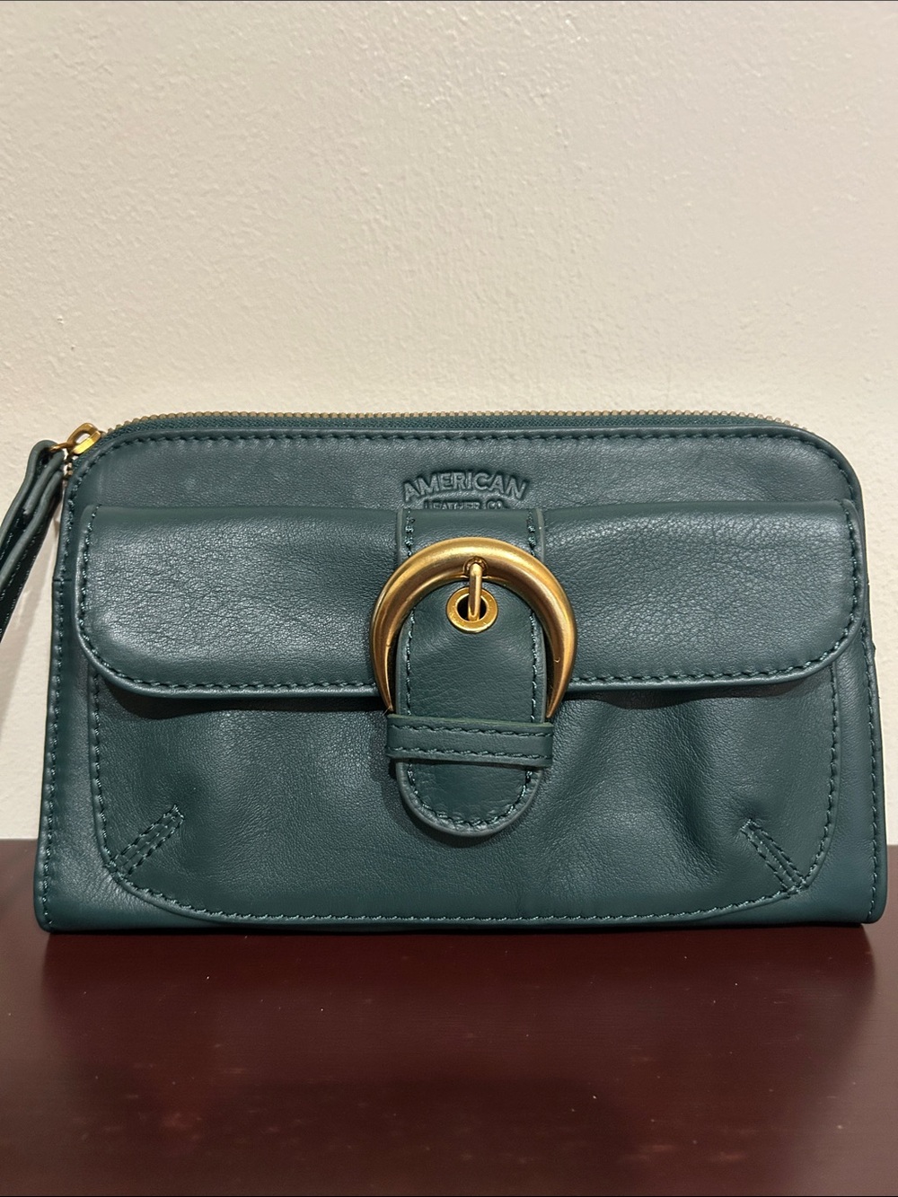 American Eagle Outfitters Teal Leather Wristlet with Gold Buckle